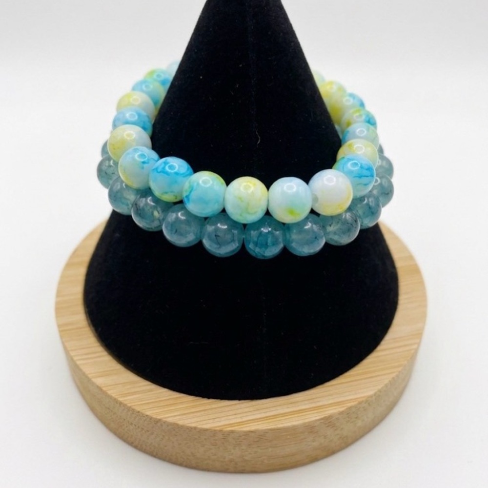Set of 2 Blue & Yellow Beaded Stretch Bracelets | Aqua Marbled Stone